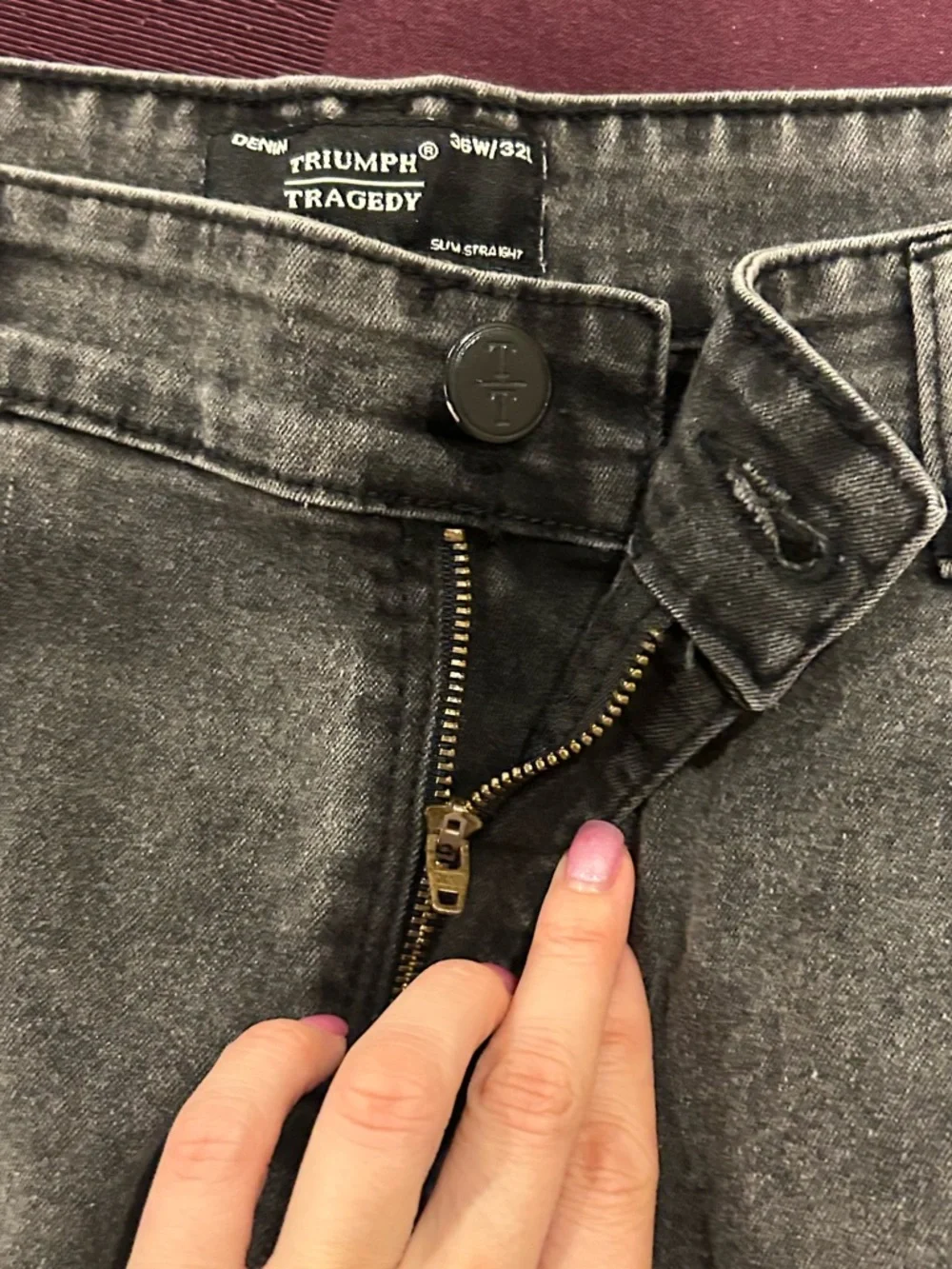 Triumph Over Tragedy Dark Grey Cloud Wash Slim Straight Stretch Denim Jeans